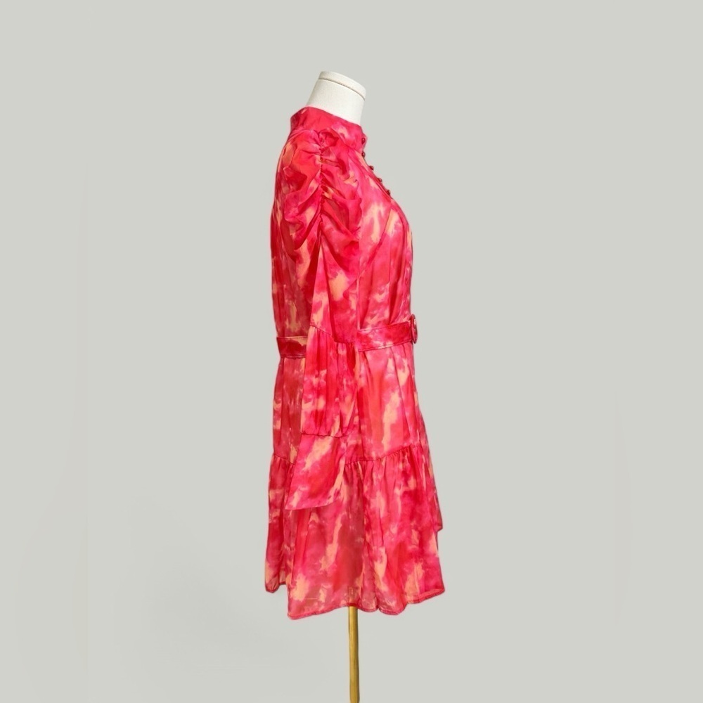 Dress Women Size Large Pink Tie Dye Mini Ruffle Long Sleeves Tiered Skirt Sheer - Picture 5 of 15